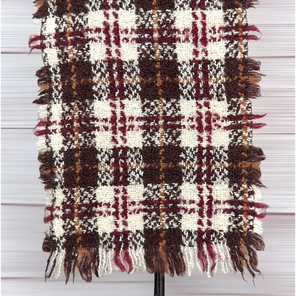 Wool Tartan Plaid Boucle Cream Brown Burgundy Scarf Unisex - Picture 7 of 8